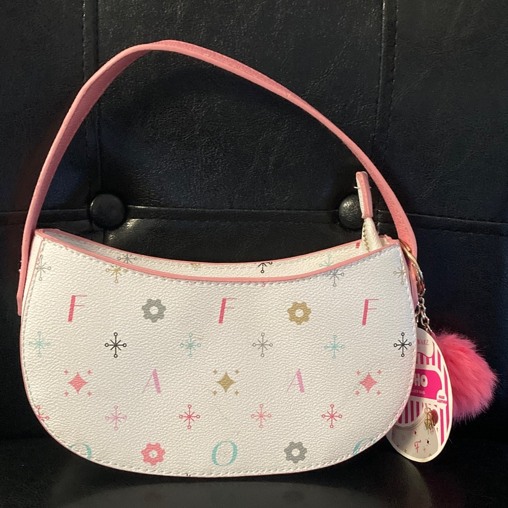 White Kids Shoulder Bag with Pink Trim and Pom Pom